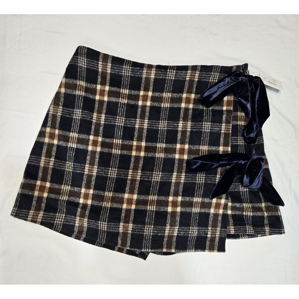 Miou Muse Plaid Wrap Mini Skort Womens Large Soft Lined Zip Skirt Blue Brown Tie